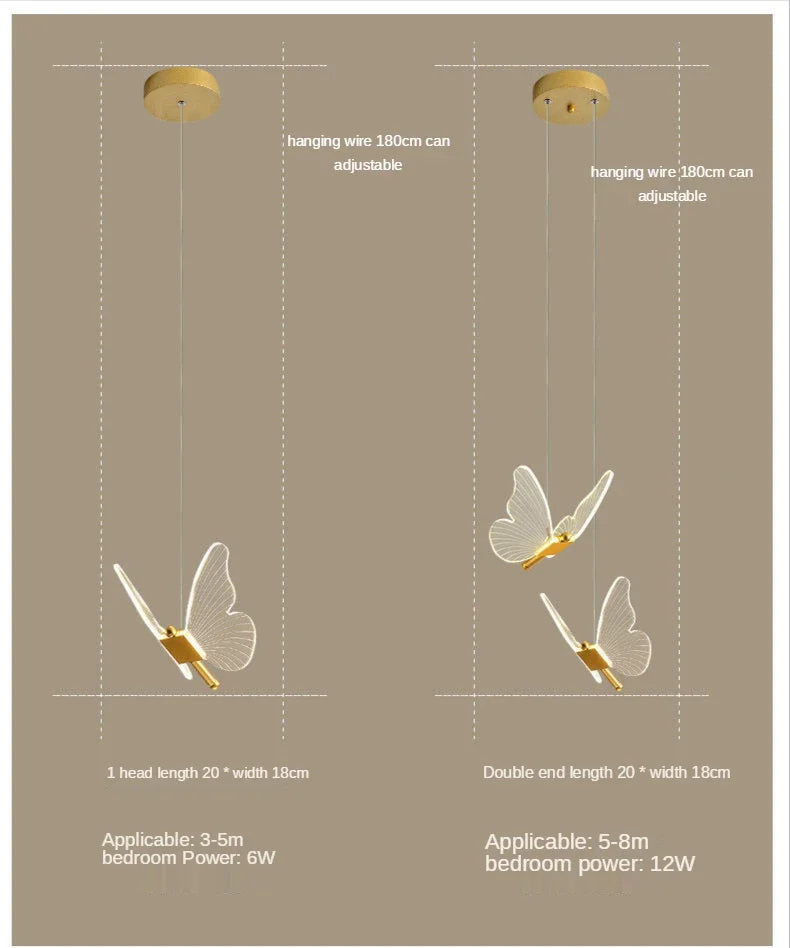Measurement chart for butterfly-shaped ceiling lights with adjustable hanging wires on a beige background.