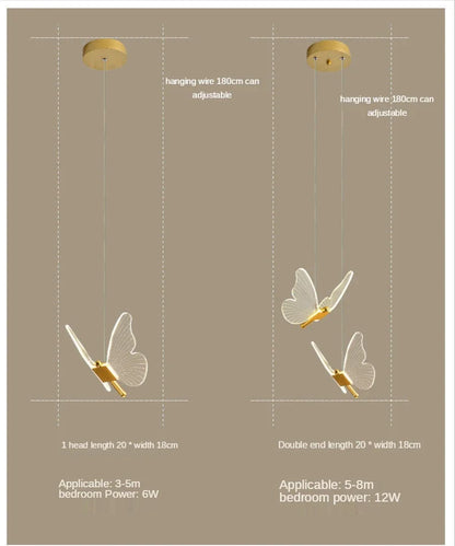 Measurement chart for butterfly-shaped ceiling lights with adjustable hanging wires on a beige background.