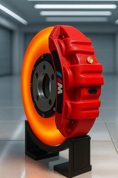 Red and orange brake disc on a stand with blurred background