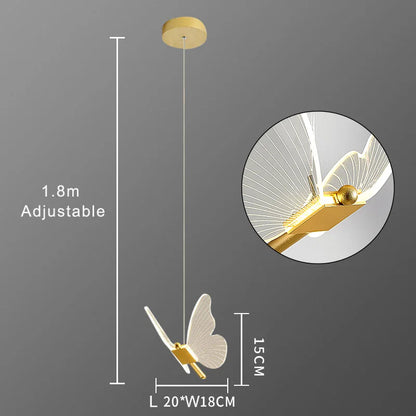 Pendant light fixture with butterfly design and adjustable length measurement on a gray background