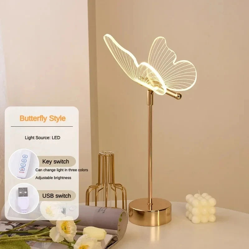 Butterfly-shaped LED lamp on a table with a light source card.
