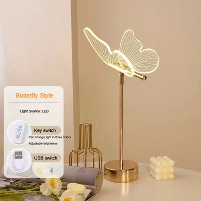 Butterfly-shaped LED lamp on a table with a light source card.