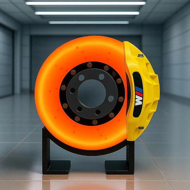 Orange and yellow brake caliper on a stand in a gray room